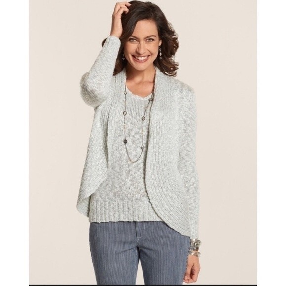 Chico’s Laurel Lurex Metallic Woven Open Front Cardigan Holiday 1/Medium 8 - Picture 2 of 9